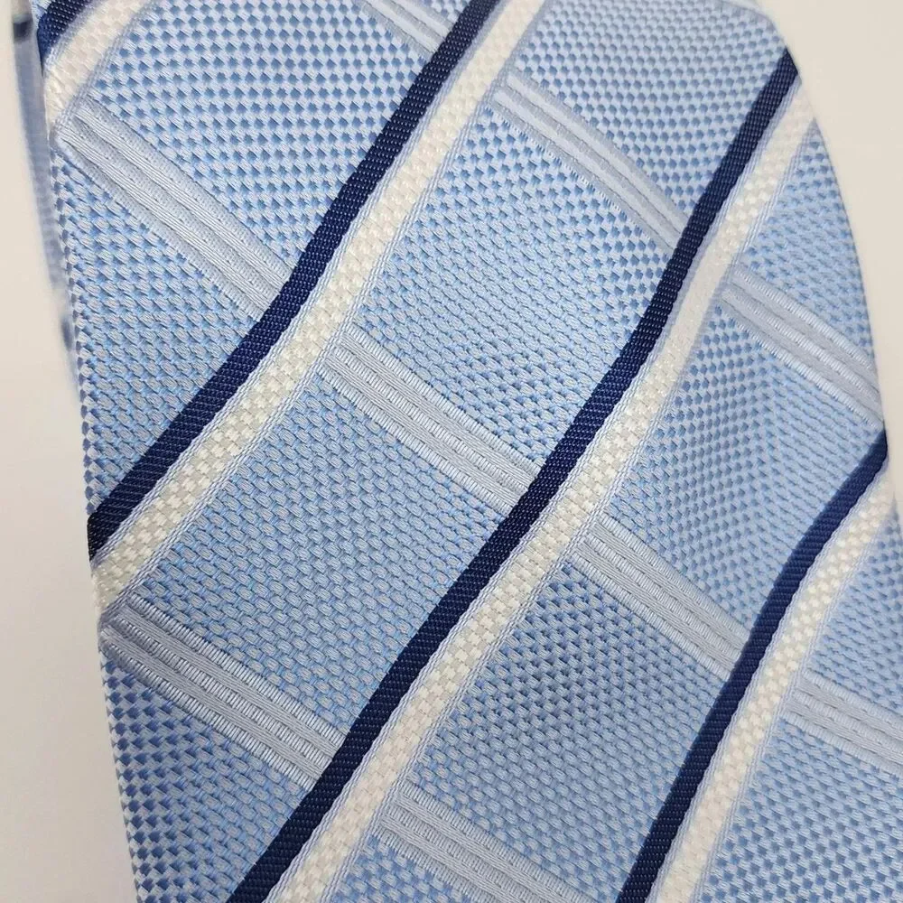 Baoloc Silk Tie Mens One Size Light Blue Navy Stripe 100% Silk Handmade Necktie